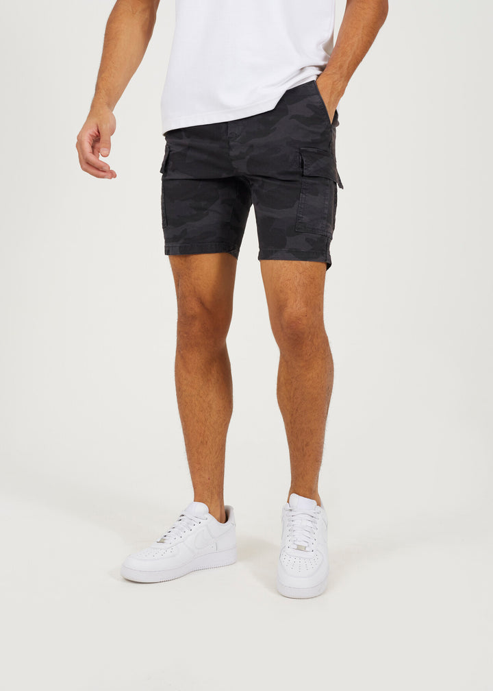 NAVY CAMOUFLAGE PRINT UTILITY SHORTS
