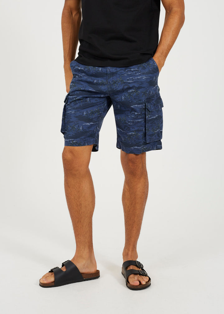 NAVY TONAL ISLAND PRINT CARGO SHORTS