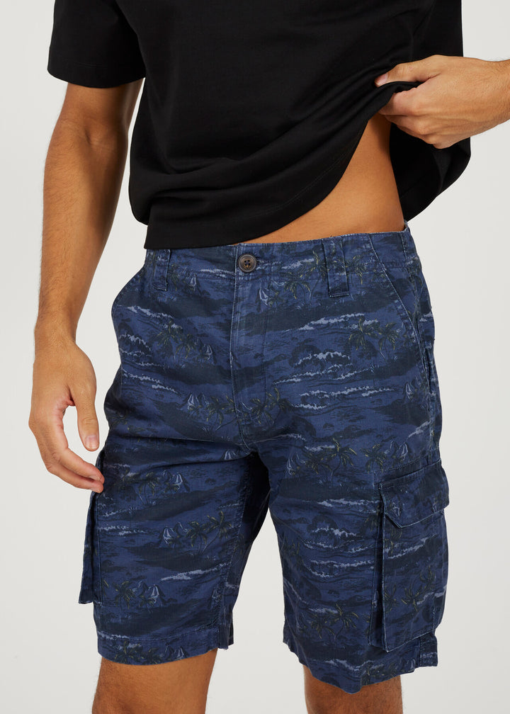 NAVY TONAL ISLAND PRINT CARGO SHORTS