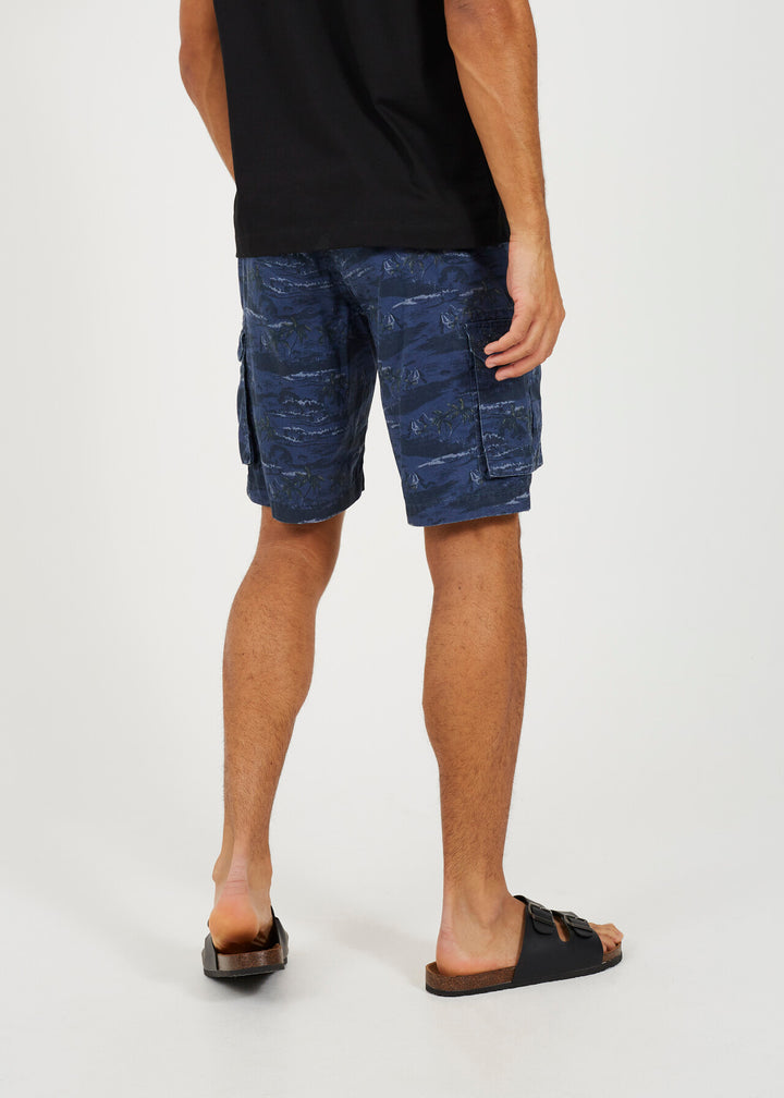 NAVY TONAL ISLAND PRINT CARGO SHORTS