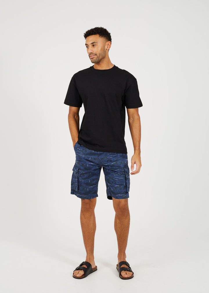 NAVY TONAL ISLAND PRINT CARGO SHORTS