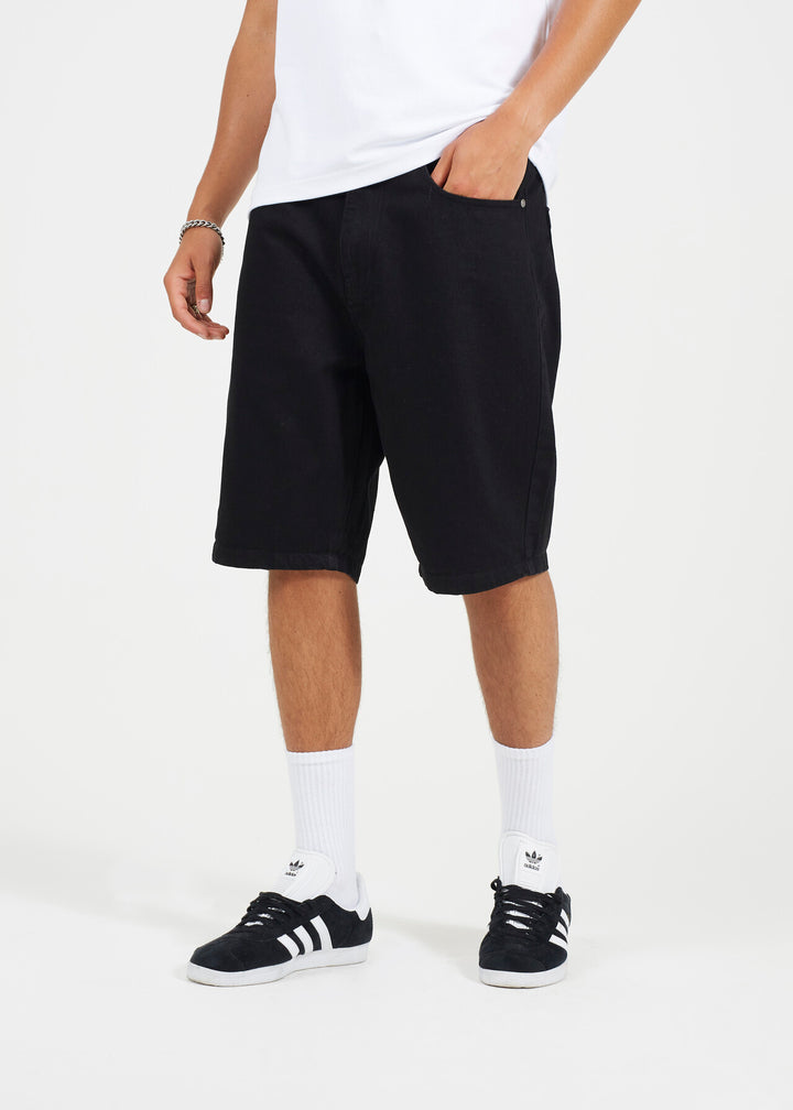 BLACK WASH REGULAR FIT TURN UP HEM DENIM SHORTS
