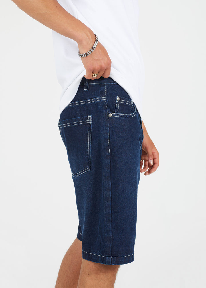 DARK BLUE WASH TURN UP HEM DENIM SHORTS