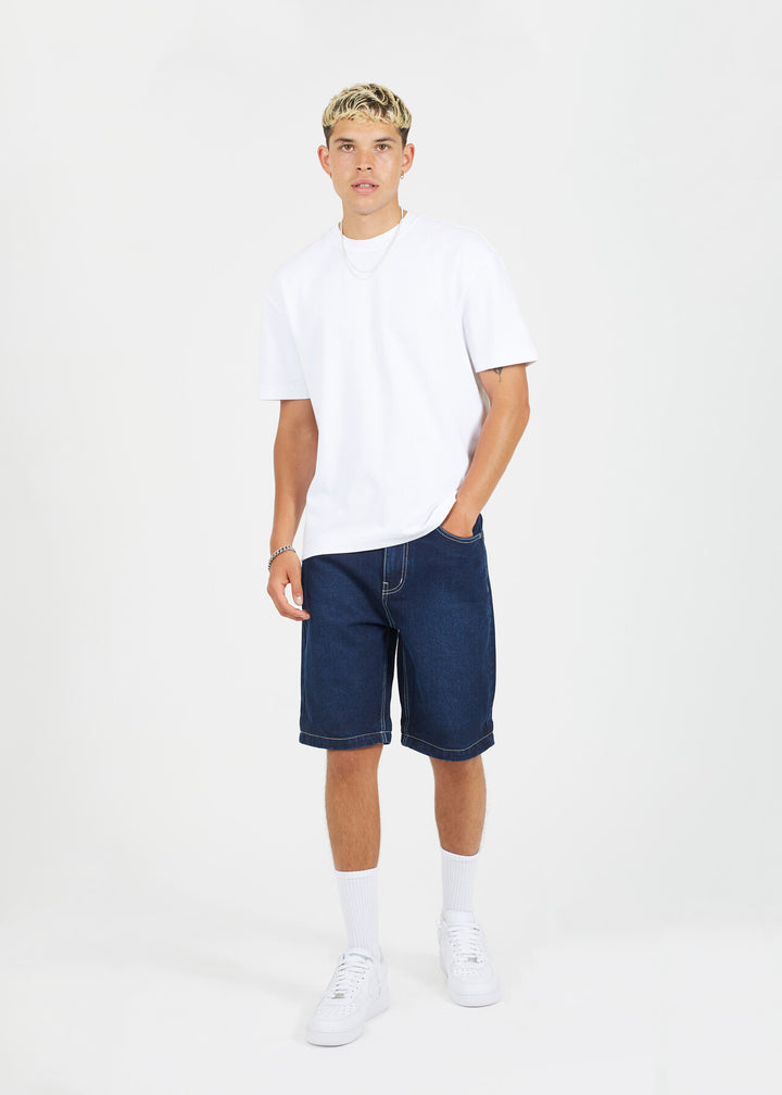 DARK BLUE WASH TURN UP HEM DENIM SHORTS