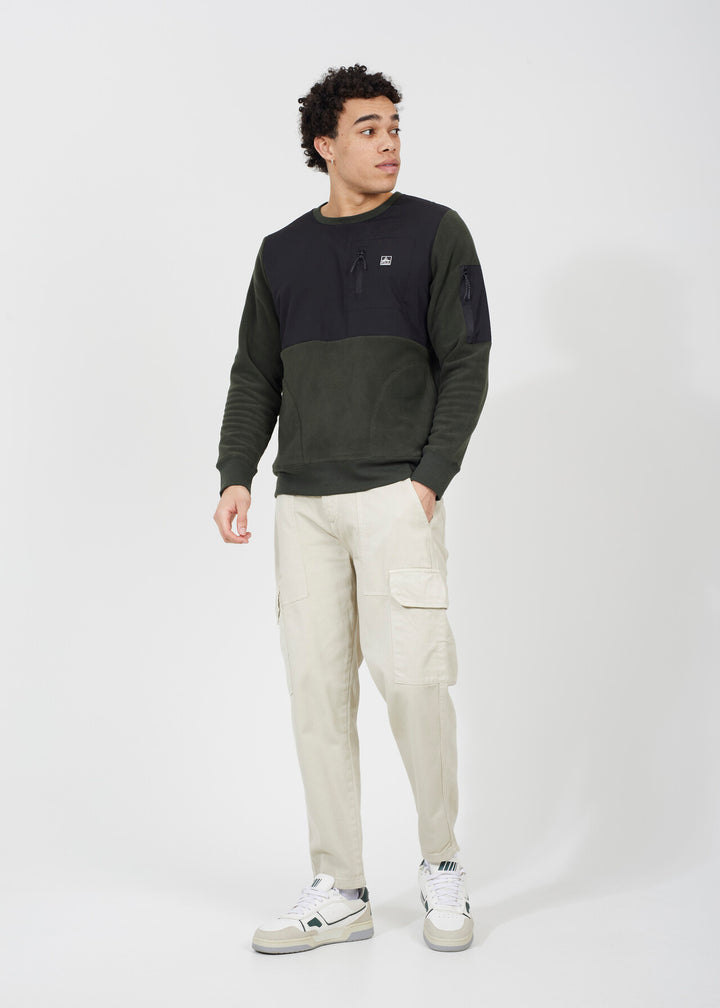 FLEECE SWEATSHIRT WITH CONTRAST FABRIC PANEL & ZIPPED POCKETS