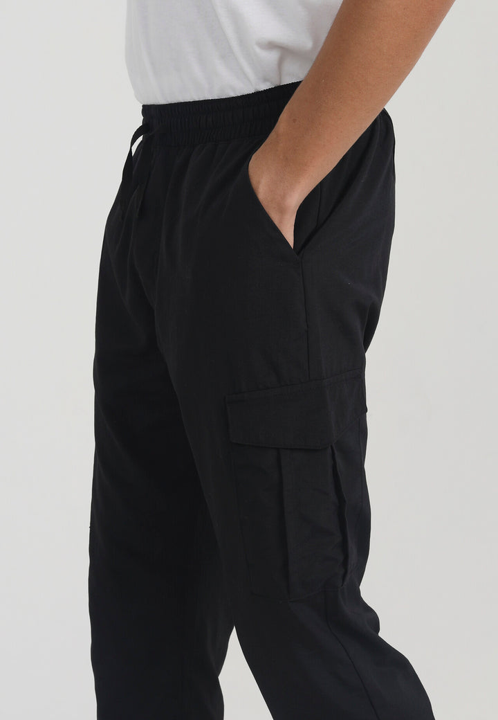 BLACK TASLAN CARGO POCKET ELASTICATED TROUSERS