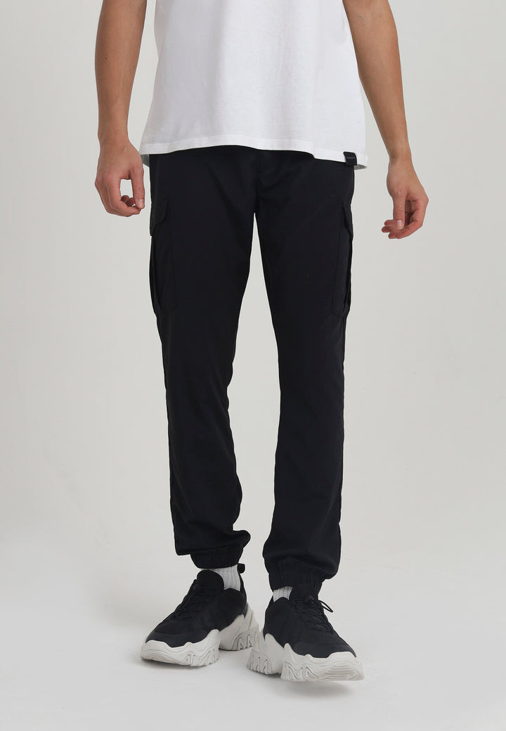 BLACK TASLAN CARGO POCKET ELASTICATED TROUSERS
