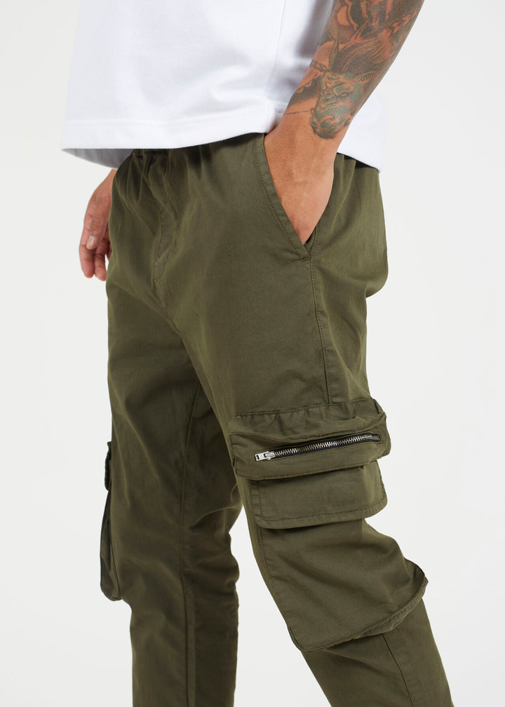 KHAKI COTTON TWILL CUFFED CARGO STYLE TROUSERS