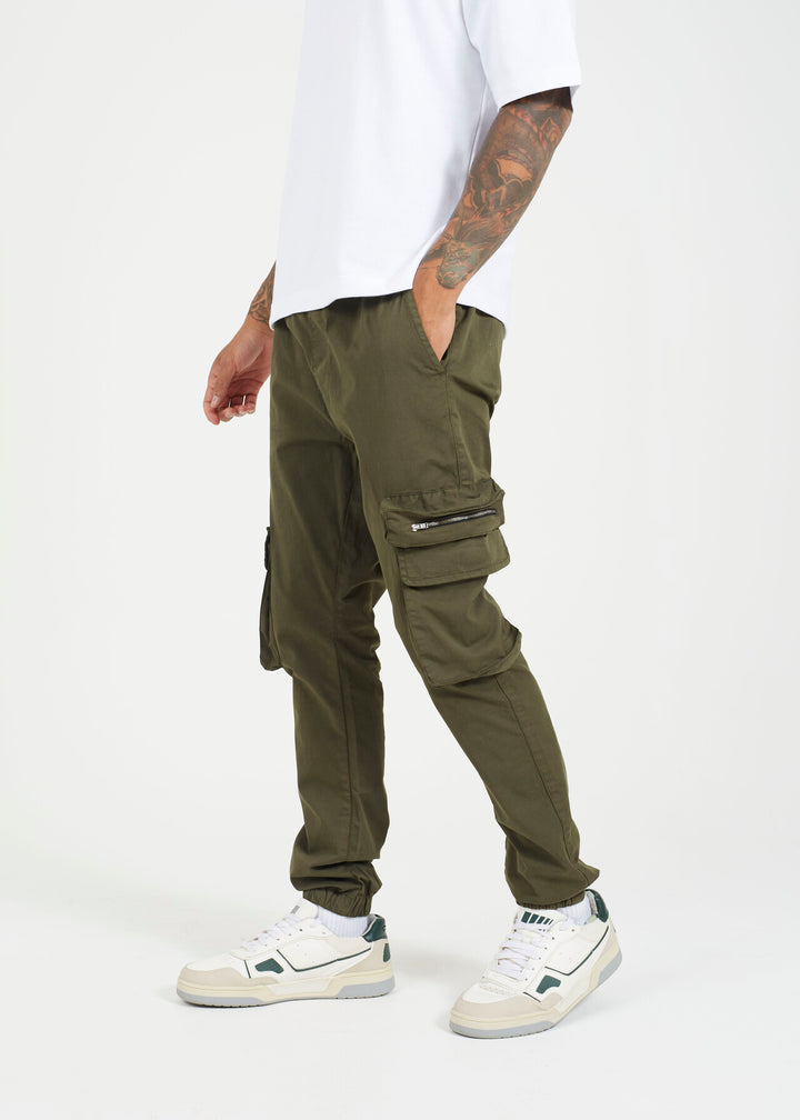 KHAKI COTTON TWILL CUFFED CARGO STYLE TROUSERS