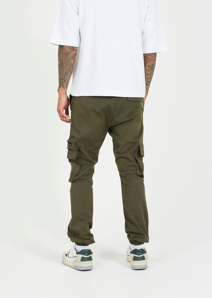 KHAKI COTTON TWILL CUFFED CARGO STYLE TROUSERS