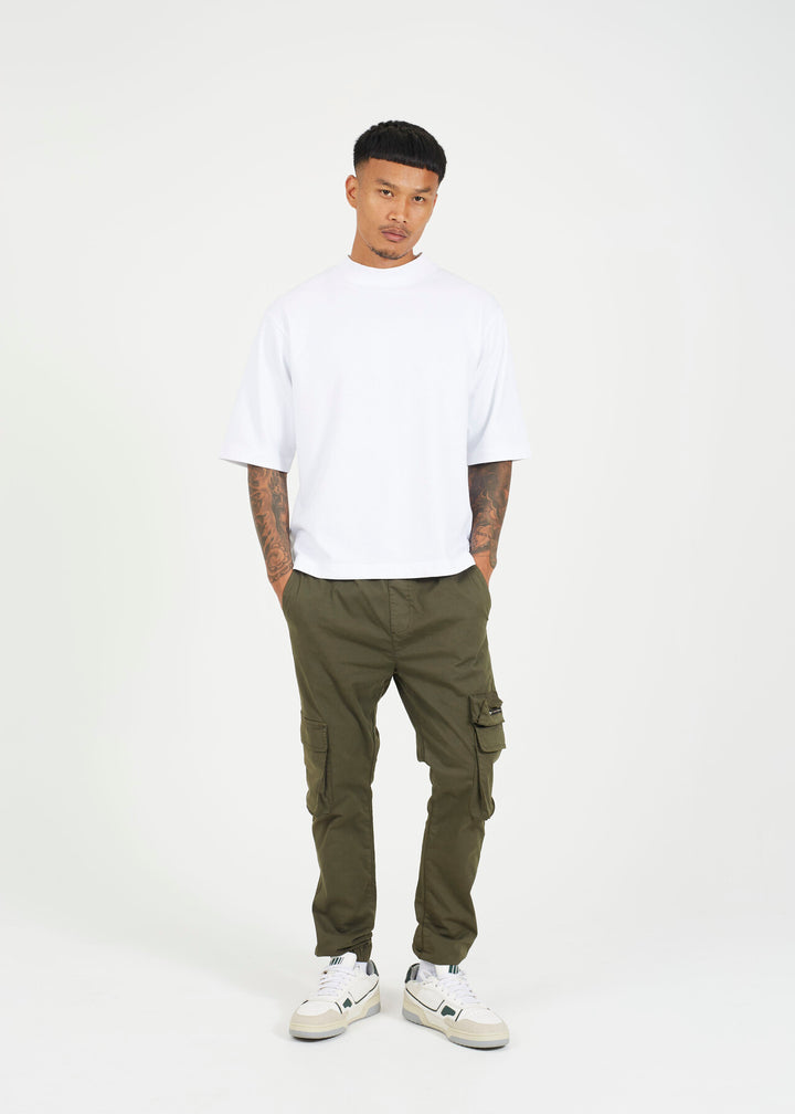 KHAKI COTTON TWILL CUFFED CARGO STYLE TROUSERS