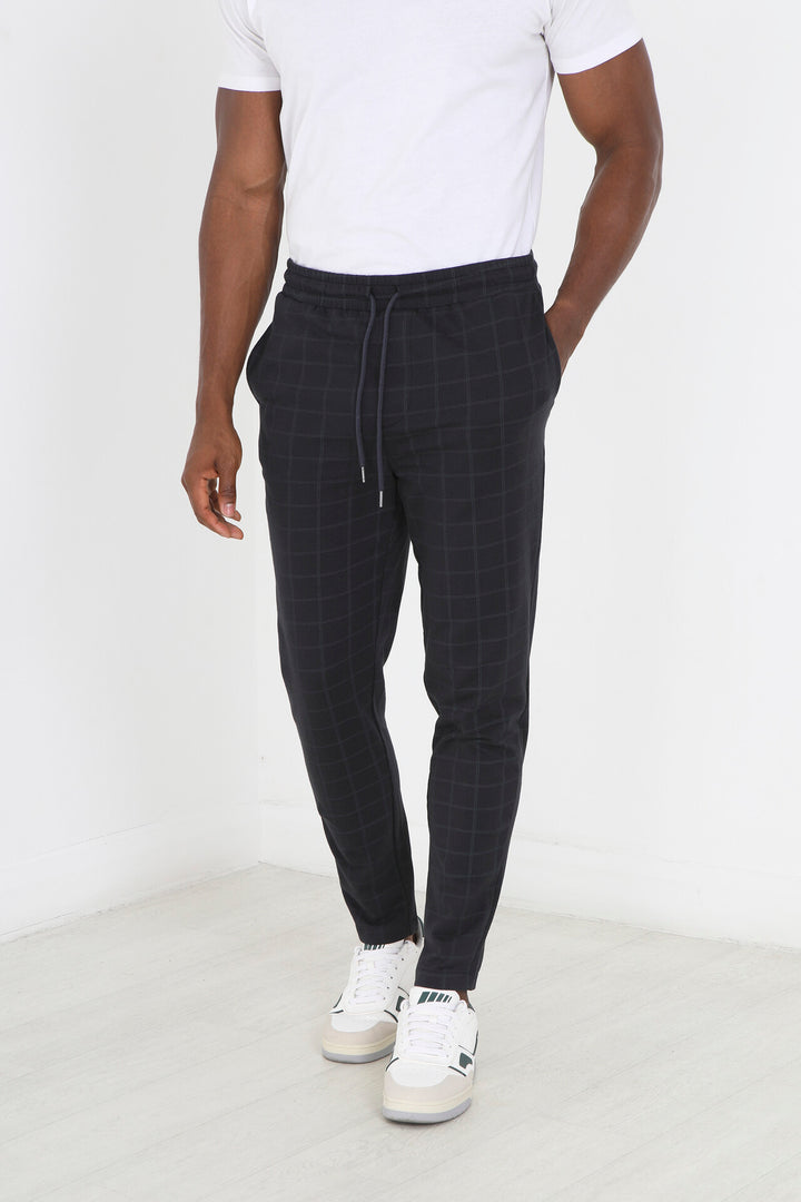 NAVY WINDOWPANE CHECK JERSEY DRAWSTRING TROUSERS