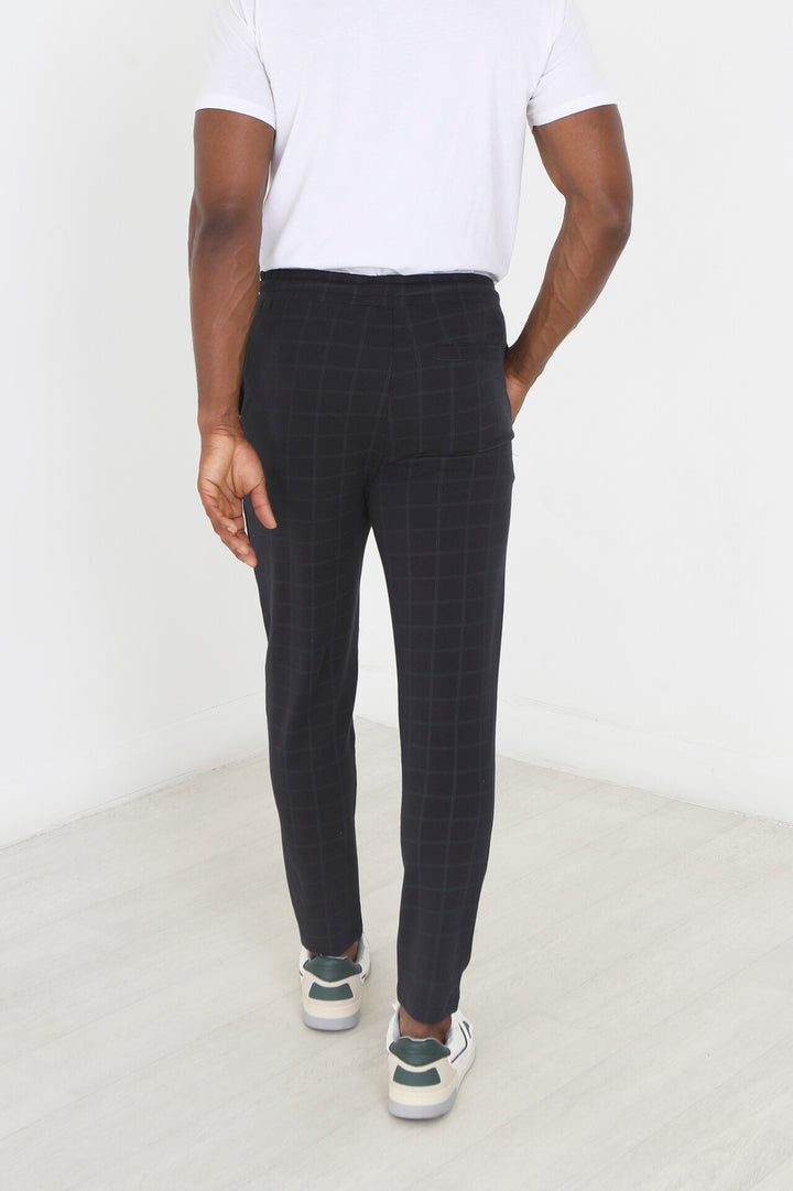 NAVY WINDOWPANE CHECK JERSEY DRAWSTRING TROUSERS