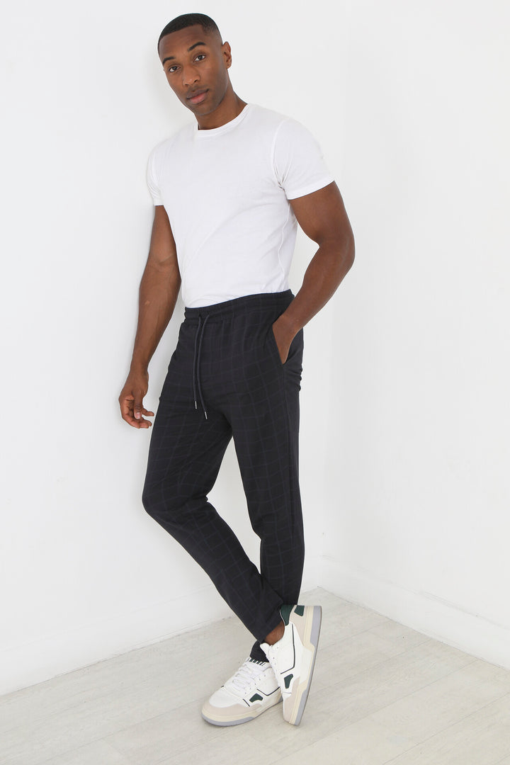 NAVY WINDOWPANE CHECK JERSEY DRAWSTRING TROUSERS