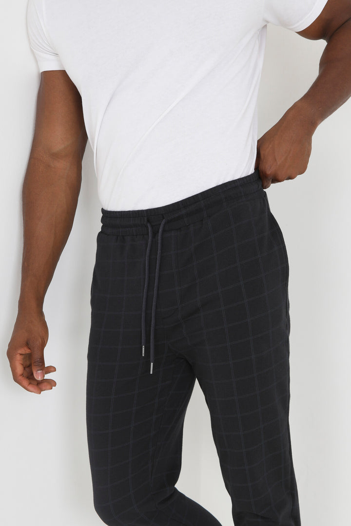 NAVY WINDOWPANE CHECK JERSEY DRAWSTRING TROUSERS