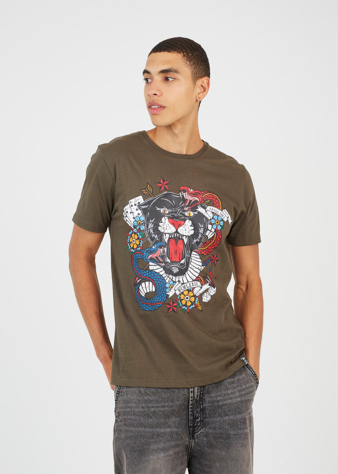 CREW NECK GRAPHIC T-SHIRT, KHAKI AND CHARCOAL