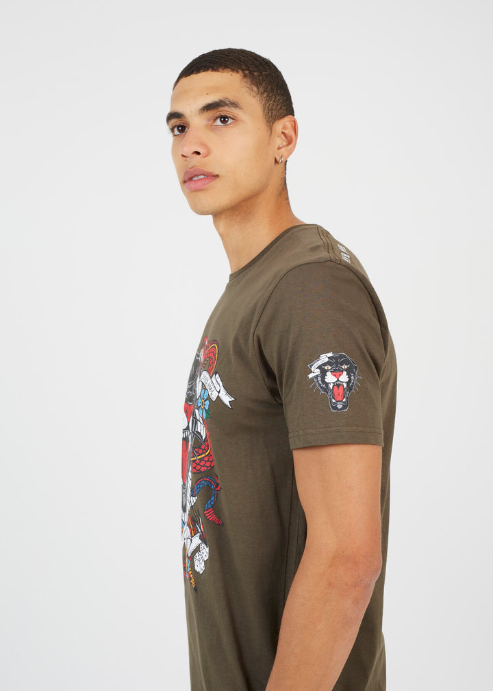 CREW NECK GRAPHIC T-SHIRT, KHAKI AND CHARCOAL