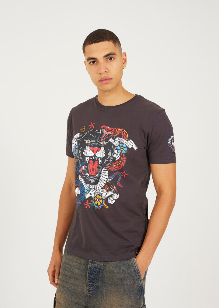 CREW NECK GRAPHIC T-SHIRT, KHAKI AND CHARCOAL