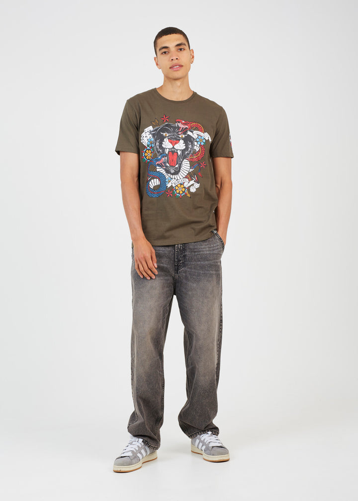 CREW NECK GRAPHIC T-SHIRT, KHAKI AND CHARCOAL
