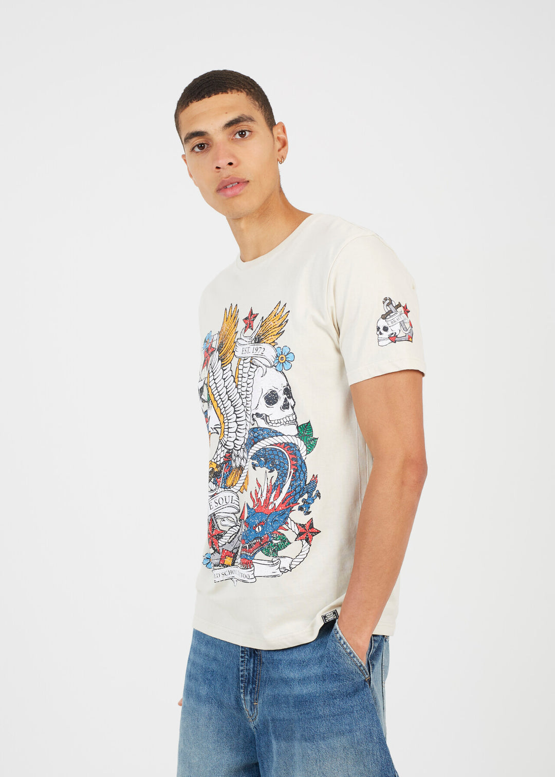 CREW NECK GRAPHIC T-SHIRT, PLASTER AND JET BLACK