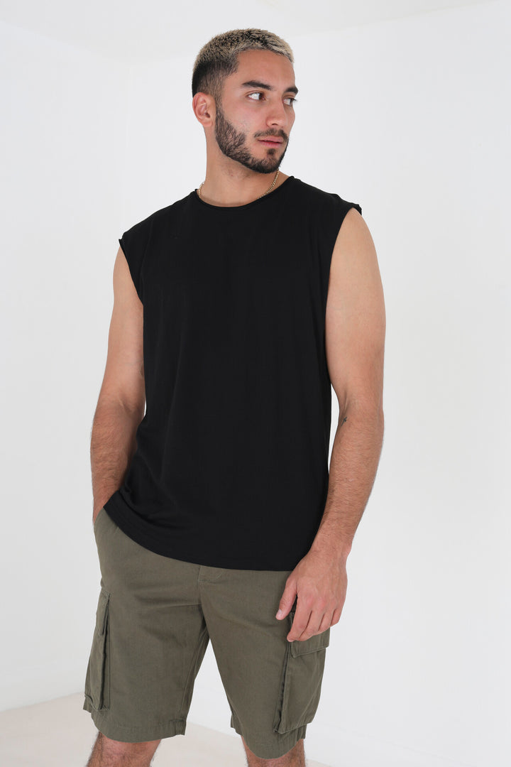 SLEEVELESS SOLID RAW ROLL EDGE VEST TOP