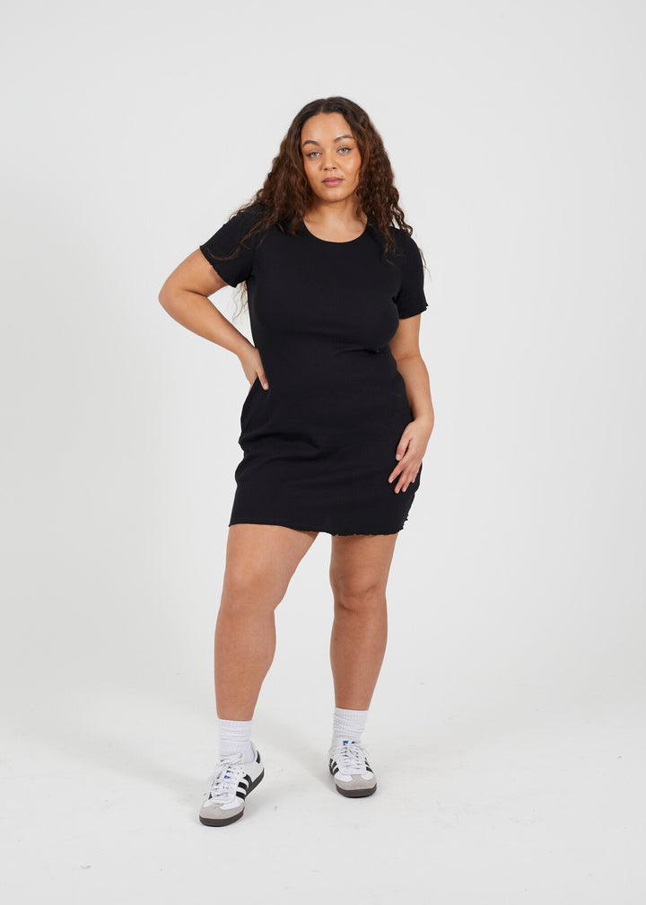 PLUS SIZE LETTUCE HEM DETAIL RIBBED MINI T-SHIRT DRESS