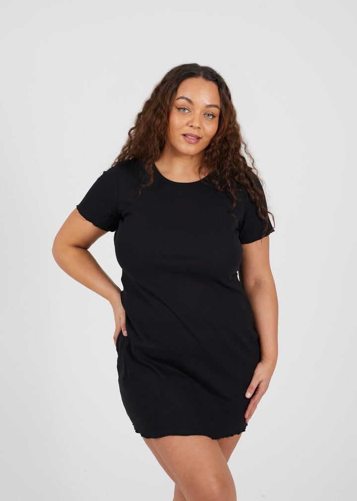 PLUS SIZE LETTUCE HEM DETAIL RIBBED MINI T-SHIRT DRESS