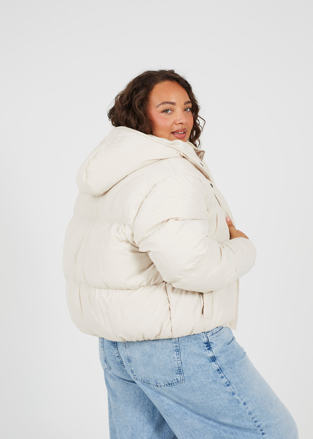 White Puffer Cream Puffer Cropped Jacket White Sleeveless Solid