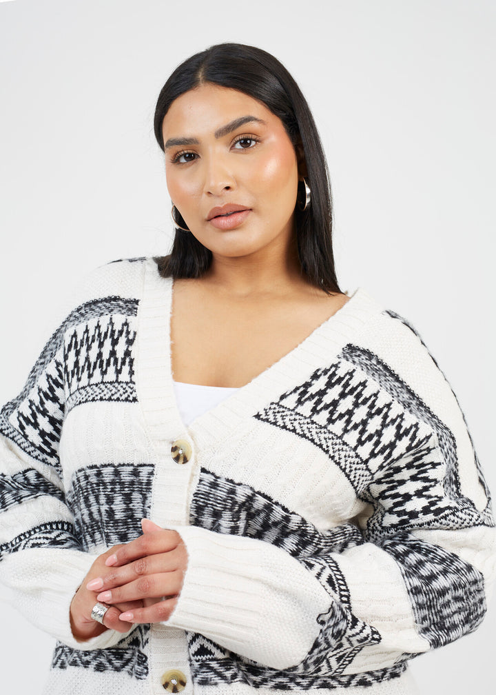PLUS V-NECK CARDIGAN WITH FAIRISLE STRIP PATTERN
