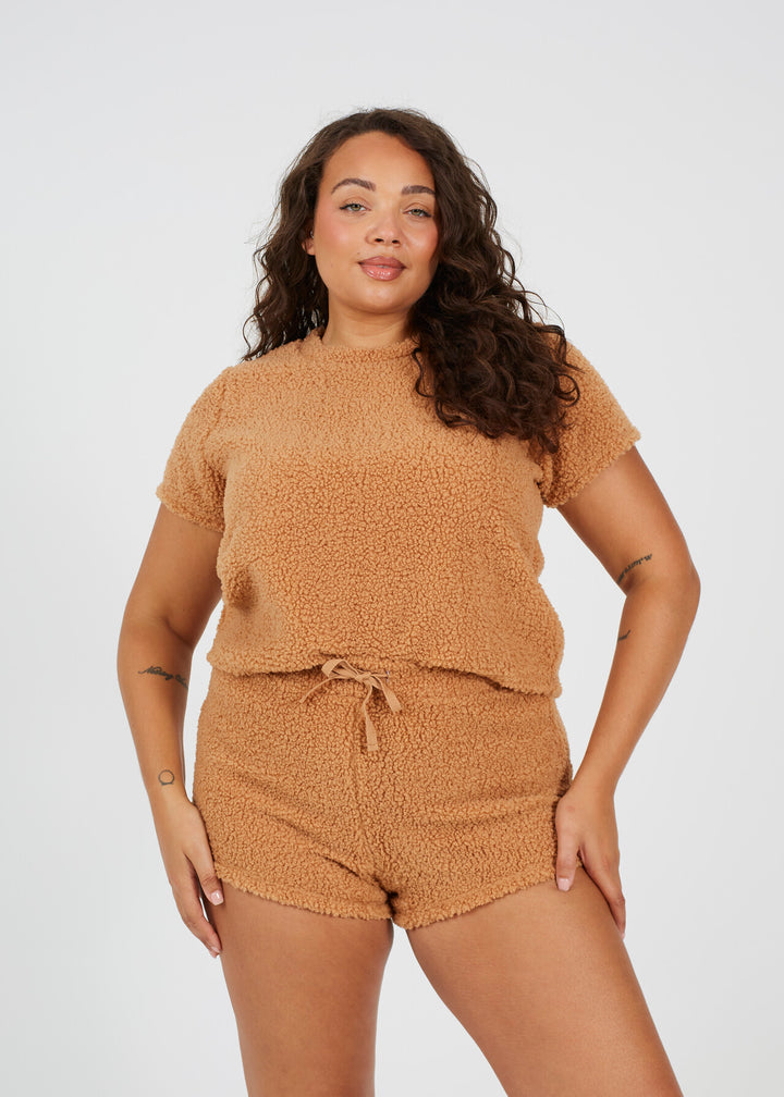 PLUS SIZE CAMEL BORG SHORT LOUNGEWEAR SET