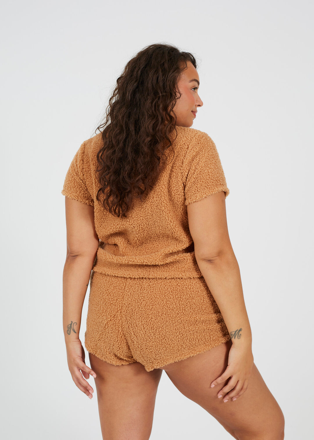 PLUS SIZE CAMEL BORG SHORT LOUNGEWEAR SET