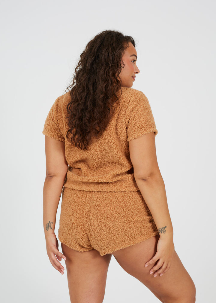 PLUS SIZE CAMEL BORG SHORT LOUNGEWEAR SET