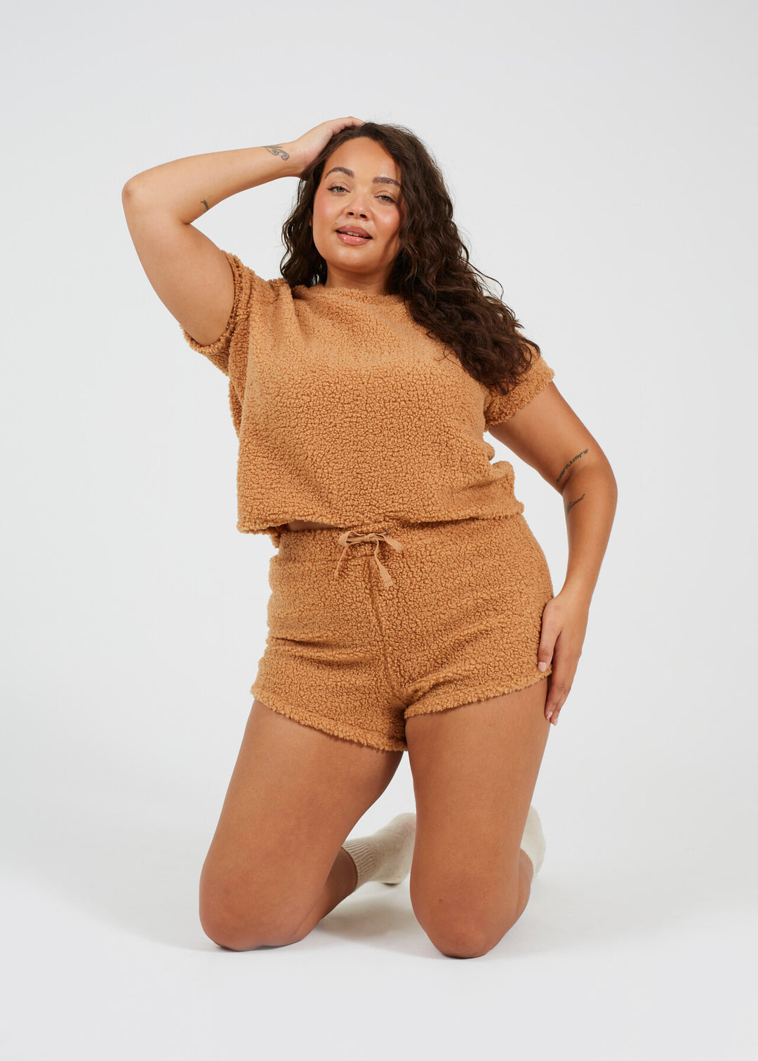 PLUS SIZE CAMEL BORG SHORT LOUNGEWEAR SET