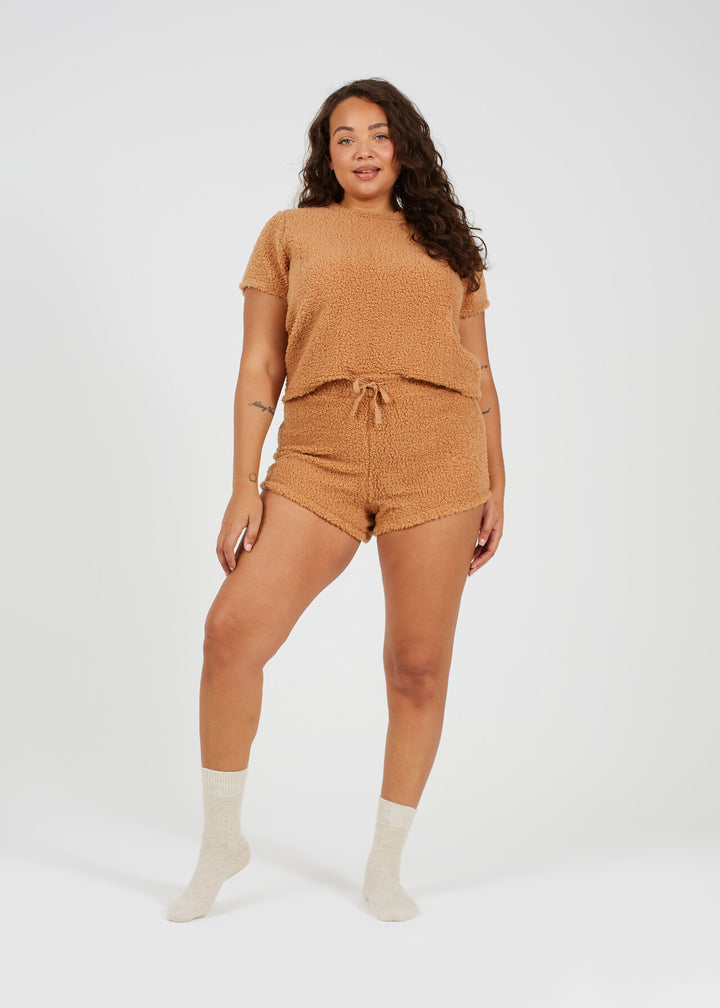 PLUS SIZE CAMEL BORG SHORT LOUNGEWEAR SET