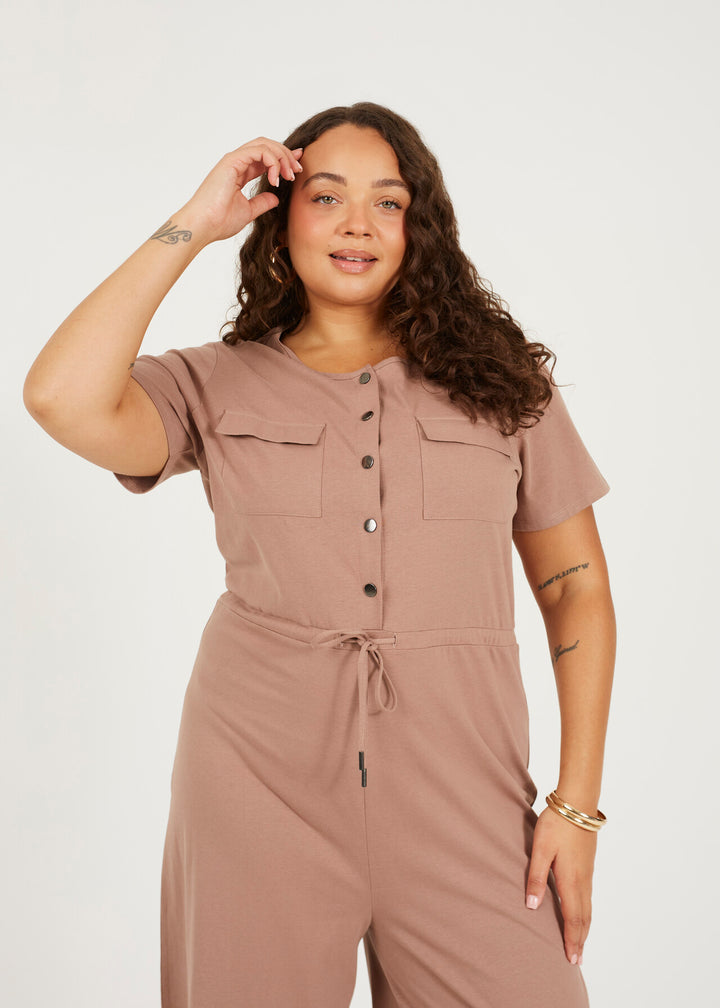 PLUS SIZE JERSEY UTILITY STYLE WIDE LEG JUMPSUIT