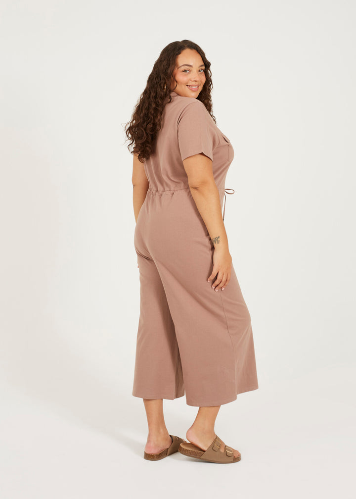 PLUS SIZE JERSEY UTILITY STYLE WIDE LEG JUMPSUIT