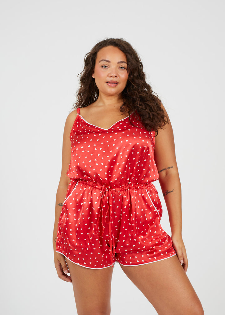 PLUS SIZE RED SATIN HEART PRINT PLAYSUIT PYJAMA