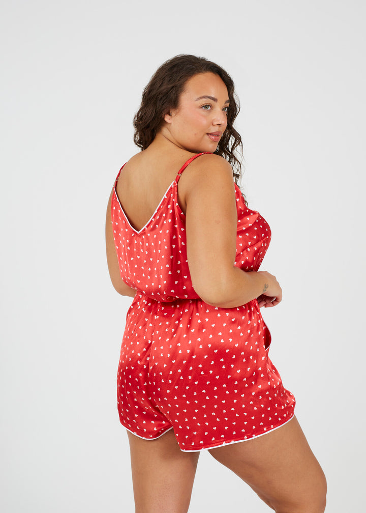 PLUS SIZE RED SATIN HEART PRINT PLAYSUIT PYJAMA