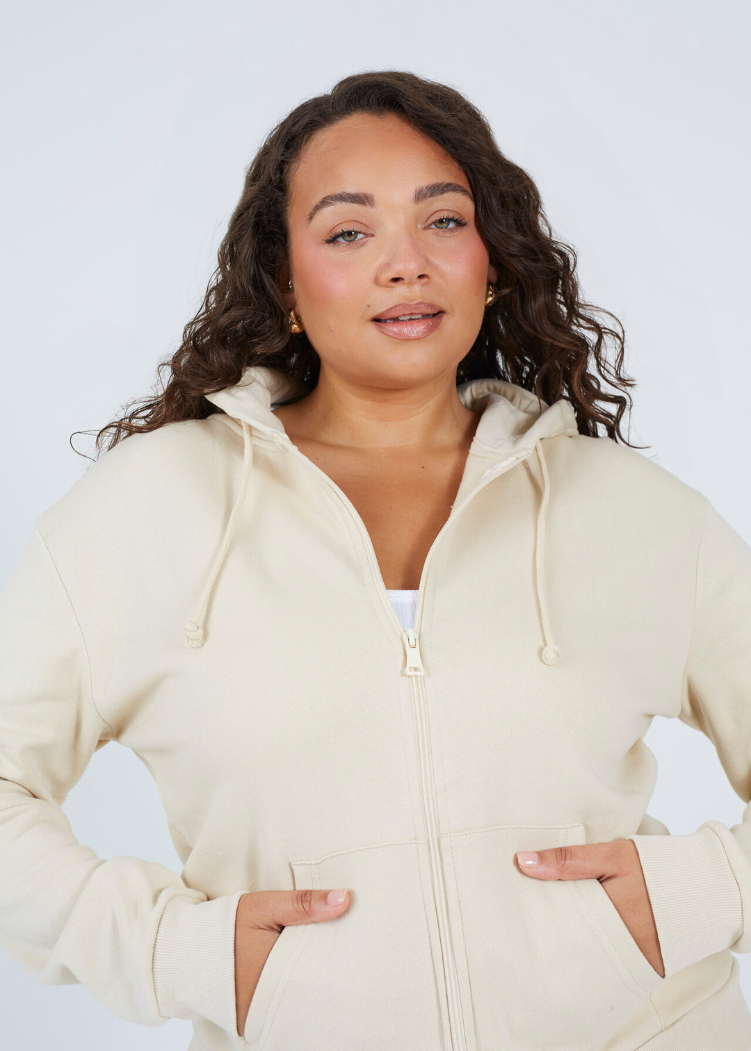 PLUS SIZE PLAIN STONE DRAWSTRING ZIP HOODIE