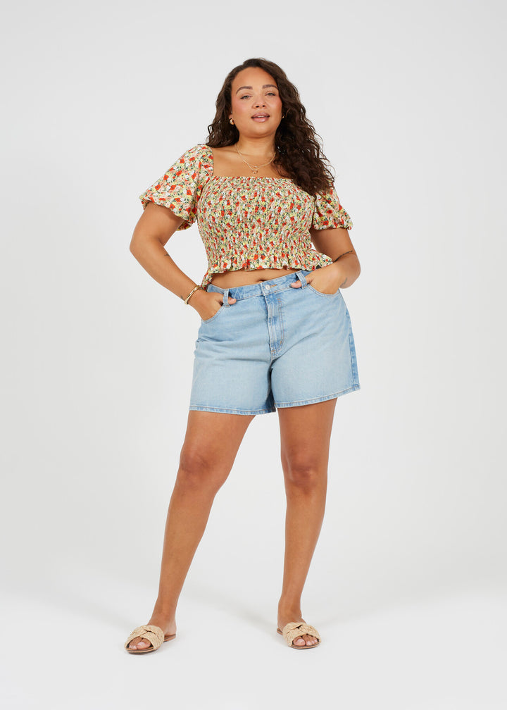 PLUS SIZE SHIRRED FLORAL PRINT PUFF SLEEVE TOP