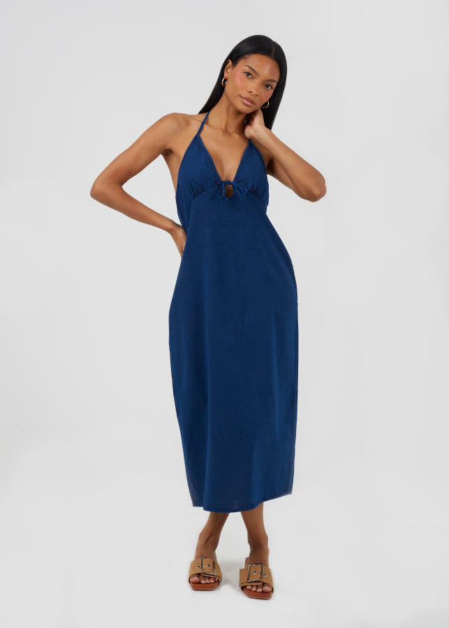 chambray midi halter dress Motel Comari halter midi chambray dress in indigo